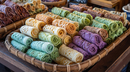 A stunning array of colorful rolled delicacies artistically arranged in a traditional basket, showcasing vibrant textures and flavors in a market setting.の素材