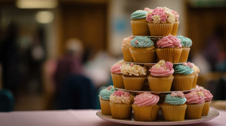 A stunning display of colorful cupcakes topped with intricate frosting designs. Perfect for any celebration or special occasion, these delightful treats add a joyful touch to events.の素材