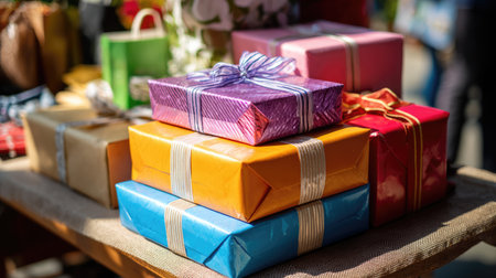 A vibrant display of wrapped presents stacked on a rustic table at an outdoor market, showcasing a festive atmosphere perfect for celebrations and gatherings.の素材