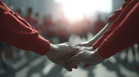 Glowing hands connect in a moment of unity during an outdoor event, with participants in vibrant red in the background, celebrating togetherness and community spirit.の素材