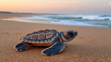 A tiny sea turtle hatchling makes its way across a sandy beach at sunrise, embarking on its journey toward the ocean. This image captures the beauty of nature.の素材
