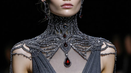 A stunning portrait of a model adorned with elaborate jewelry and an elegant dress, featuring intricate details and dramatic lighting that highlights beauty.の素材