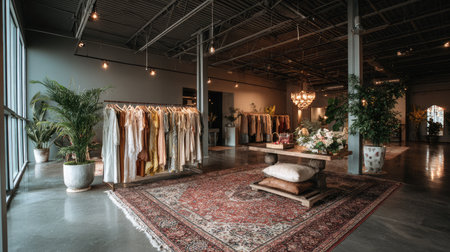 A modern retail space showcasing elegant fashion in a tranquil atmosphere. The stylish design features natural elements and inviting decor for an exceptional shopping experience.の素材