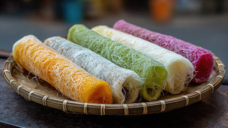 A beautifully arranged plate showcases a variety of colorful traditional snacks, presenting a feast for the eyes and taste buds in a vibrant street market scene.の素材