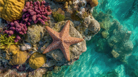 Experience the beauty of a vibrant coral reef showcasing a bright starfish resting on rocky surfaces under clear blue water, epitomizing tropical marine life.の素材