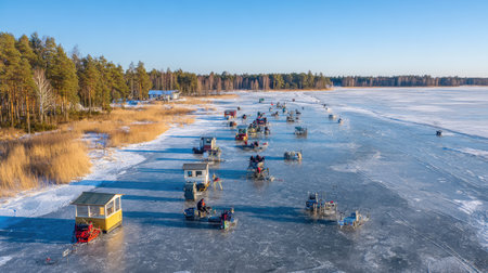 A breathtaking view of an ice fishing village set on a frozen lake. Fishing huts dot the ice, framed by tall trees under a clear blue sky, showcasing a peaceful winter landscape.の素材