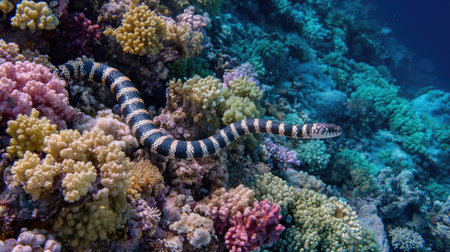 Explore a stunning underwater scene showcasing a striped sea snake gliding gracefully through a vibrant coral reef teeming with life.の素材