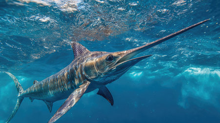 This stunning image captures a swordfish swimming gracefully in the vibrant blue waters of the ocean, showcasing its sharp beak and streamlined body.の素材