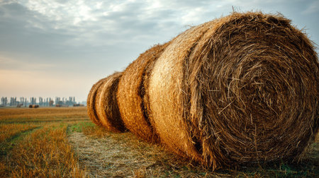 A serene rural landscape features large round hay bales scattered across a golden field. In the distance, silhouettes of buildings rise against a cloudy sky during sunset.の素材