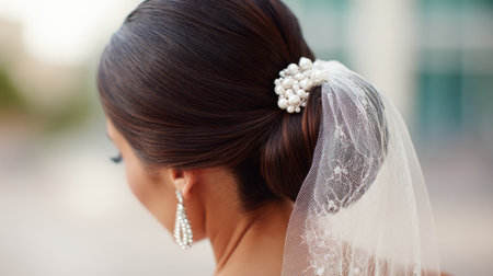 Stunning bridal hairstyle featuring a chic updo adorned with a delicate veil and pearls, ideal for capturing the essence of elegance on a wedding day.の素材