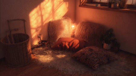 This cozy indoor corner features soft pillows, warm lighting, and natural textures that create a tranquil atmosphere perfect for relaxation.の素材