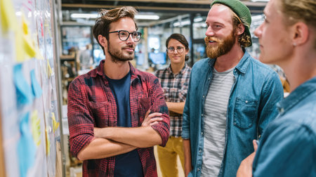 A vibrant scene showcasing a diverse group of young professionals engaged in a brainstorming session, fostering collaboration and creativity in a modern office space.の素材