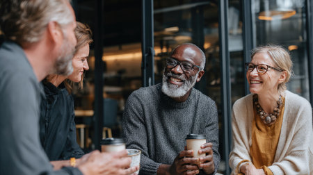 A diverse group of friends gathered in a modern cafe, sharing joyful moments over coffee, fostering connection and engagement through conversation and laughter.の素材