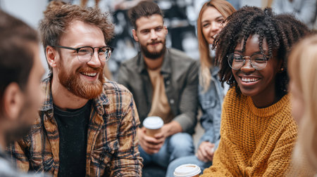 A vibrant group of friends enjoying a moment of joy and connection over coffee in a warm indoor setting, highlighting the beauty of friendship and diversity.の素材