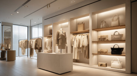 A stylish boutique featuring an elegant interior showcasing a variety of fashion apparel and accessories in soothing neutral tones illuminated by warm lighting.の素材