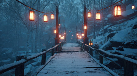 A stunning winter scene showcasing a bridge adorned with lanterns, casting a warm light over snow-covered paths. The serene landscape creates a peaceful atmosphere.の素材