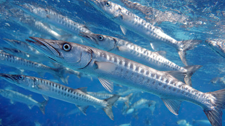 A mesmerizing scene of barracuda swimming in a crystal clear ocean, showcasing the beauty of marine life and the vibrant underwater ecosystem.の素材