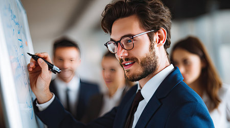 A focused businessman delivering a presentation, using a whiteboard to share ideas in a modern office. Colleagues engage, highlighting teamwork and professional growth.の素材