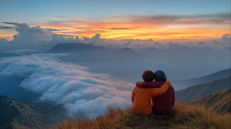 A couple enjoys a romantic moment while sitting together on a mountain peak, watching a stunning sunrise over a fog-covered valley and distant mountains.の素材