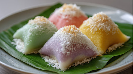 A visually appealing plate of colorful traditional desserts topped with coconut flakes, resting on fresh banana leaves. Perfect for a culinary experience.の素材