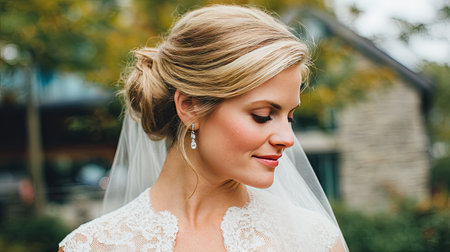 A beautiful bride showcases her refined style with soft makeup and a romantic updo. Set in a serene outdoor environment, this image captures the essence of love and elegance on a wedding day.の素材