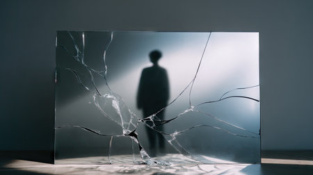 This captivating image features a broken glass panel reflecting a mysterious silhouette, enhancing the sense of depth and intrigue in a modern setting.の素材