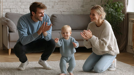 A joyful moment captured as a couple celebrates their toddler's first steps in a warm, inviting living room. The parents show affection and encouragement, creating a loving atmosphere that highlights the special bond of family life. Bright and cozy decor enhances the heartwarming scene.の素材