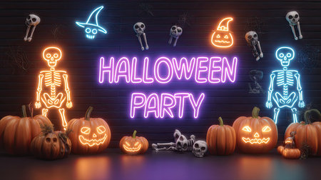 A vibrant Halloween party setup featuring neon lights, skeletons, and pumpkins, creating a spooky yet festive atmosphere for autumn celebrations.の素材
