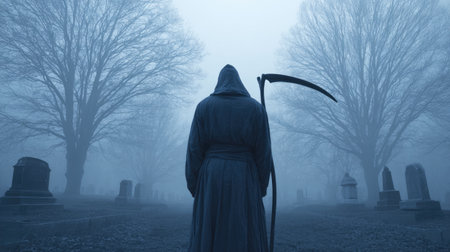 A haunting foggy cemetery scene features a mysterious hooded figure holding a scythe. Surrounded by gravestones and leafless trees, this image captures a sense of eerie stillness.の素材