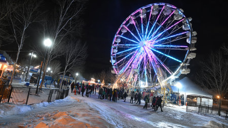 A stunning Ferris wheel adorned with vibrant lights stands tall against the night sky, drawing a lively crowd enjoying the winter carnival atmosphere.の素材