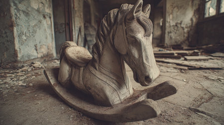 This evocative image features a vintage rocking horse standing alone in an abandoned room, surrounded by peeling walls and remnants of the past. The soft light accentuates the toy's worn features, creating an atmosphere of nostalgia and forgotten childhood memories.の素材