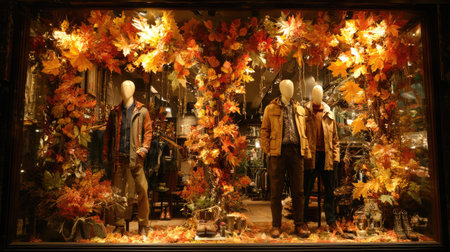 A captivating autumn fashion display featuring stylish mannequins in trendy outfits, artfully surrounded by vibrant fall leaves in a retail window.の素材