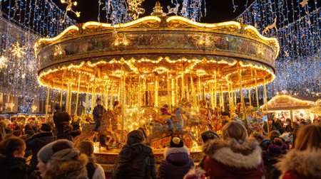 A lively carousel adorned with sparkling lights attracts cheerful crowds at a winter market, creating a magical atmosphere of festive joy and togetherness.の素材