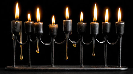A striking black candleholder stands against a dark background, featuring nine lit candles. The glowing flames create an inviting and warm atmosphere.の素材