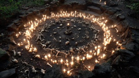 This captivating image features a circle of candles and bones arranged on the forest floor, creating an eerie and mysterious atmosphere, ideal for spooky themes.の素材