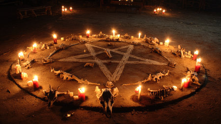This captivating image showcases a dark ritual setting with candles illuminating a star design surrounded by animal bones, creating an eerie and mysterious atmosphere.の素材