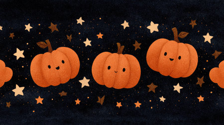 A charming illustration featuring cute pumpkins with smiling faces surrounded by stars on a dark background, ideal for Halloween-themed decorations and artwork.の素材