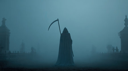A haunting scene unfolds in a fog-filled cemetery, featuring a shadowy figure cloaked in darkness. The mysterious atmosphere evokes feelings of fear and intrigue.の素材