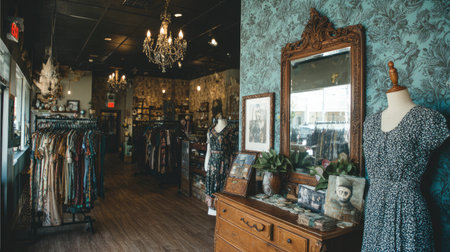 Explore a stylish boutique showcasing vintage clothing and elegant interior decor, complete with unique furnishings and warm ambiance, ideal for fashion lovers.の素材