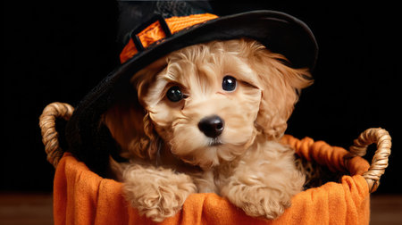 Adorable puppy wearing a witch hat snuggles in a soft pumpkin basket, exuding charm and warmth perfect for Halloween-themed imagery and pet lover decor.の素材