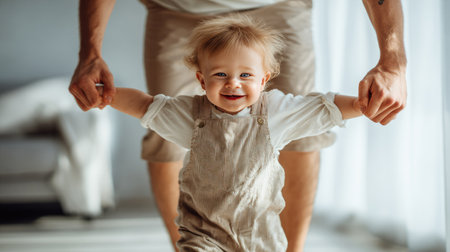 A joyful toddler takes confident steps while holding hands with their father, capturing a heartwarming moment of family connection and playful exploration in a serene indoor setting.の素材