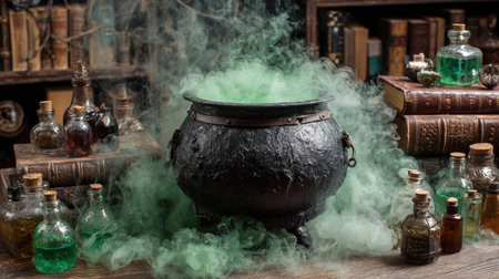 A captivating scene featuring a black cauldron emitting green smoke, surrounded by vintage glass bottles and ancient books, evoking a sense of magic and mystery.の素材