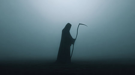A haunting silhouette of a dark figure stands in a foggy landscape, wielding a scythe that evokes themes of death and mystery. The atmosphere is eerie and ominous, creating a sense of solitude and intrigue.の素材