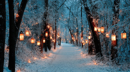 A serene winter pathway adorned with glowing lanterns, creating an enchanting atmosphere in a snowy forest, perfect for a peaceful retreat or adventure.の素材