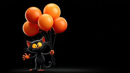 A charming cartoon black cat joyfully holding vibrant orange balloons, perfect for Halloween themes, festive events, and celebrations.の素材