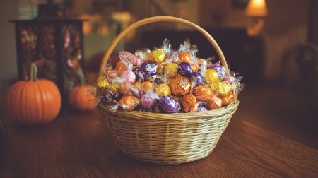 A woven basket filled with vibrant assorted candies sits on a rustic wooden table. Decorative pumpkins create a cozy autumn ambiance, enhancing the festive feel.の素材