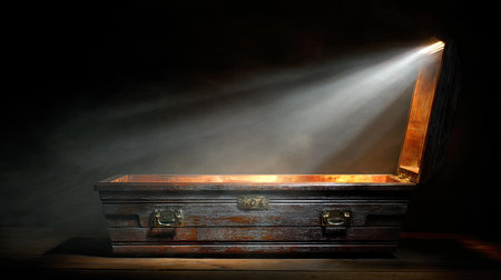 An open wooden chest sits in a dimly lit setting, with rays of light piercing through, creating a mysterious and captivating atmosphere. Perfect for storytelling.の素材