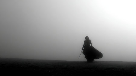 A captivating black and white image of a mysterious figure in a cloak walking through dense fog on a dark landscape at dusk, evoking themes of adventure and solitude.の素材
