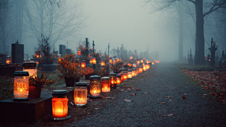 A serene view of a candlelit pathway leading through a misty cemetery at dusk, surrounded by autumn foliage, evokes a sense of peace and reflection.の素材