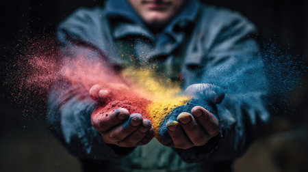 A striking image of a person releasing a burst of colored powder from their hands, illustrating creativity and emotional expression in art, showcasing vibrant shades.の素材